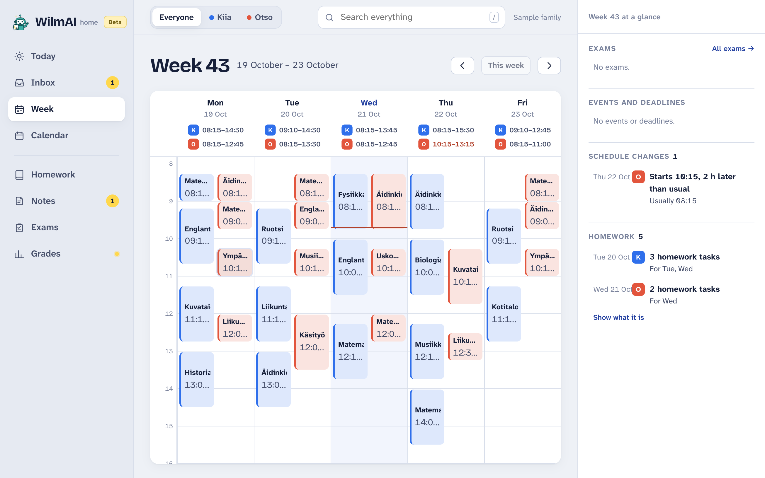 WilmAI Home for a parent: two children's week side by side.